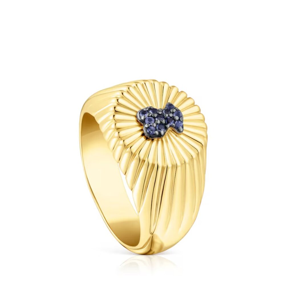 Tous Silver vermeil Signet ring and bear with iolite Iris Motif Size 6